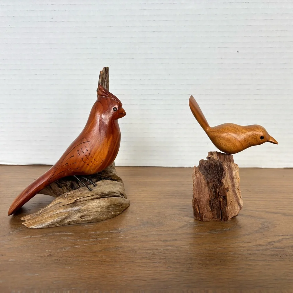 Handcrafted Wooden Bird Figurines On Rustic Wood Artsy Beachy MCM - Picture 5 of 11